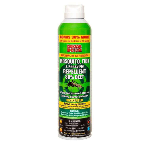 Doktor Doom 300g mosquito and tick repellent, unscented 30% DEET, safety locking sprayer, repels insects.