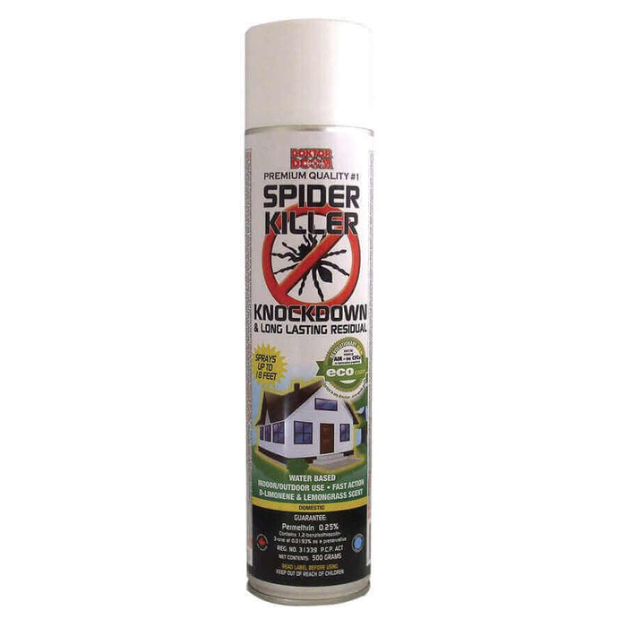 Doktor Doom Spider Killer spray can, 500g, effective indoor/outdoor use with D-limonene and lemongrass scent, made in Canada.