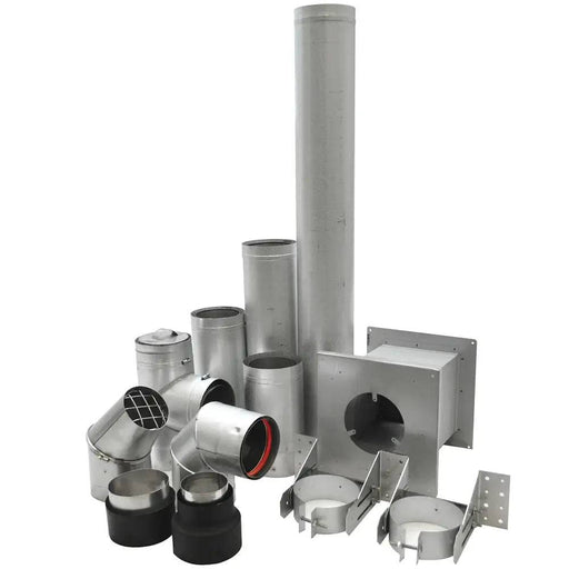 SBI 3" Vortex Pellet Vent Ground Floor Kit with pipes, connectors, elbow, cross tee, and supporting components in durable steel.