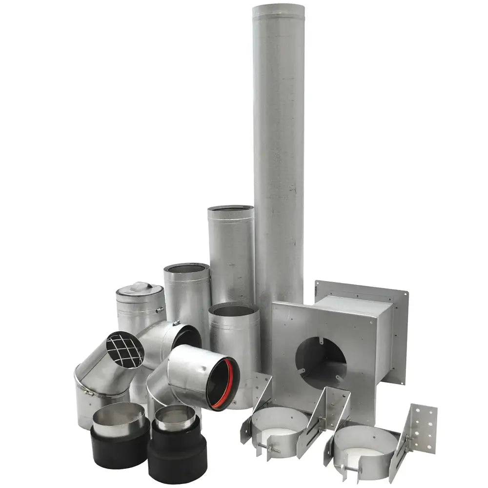 SBI 4" Vortex Pellet Vent Ground Floor Kit with pipes, elbow, tee, jet cap, connections, and supports, available at Cabin Depot.