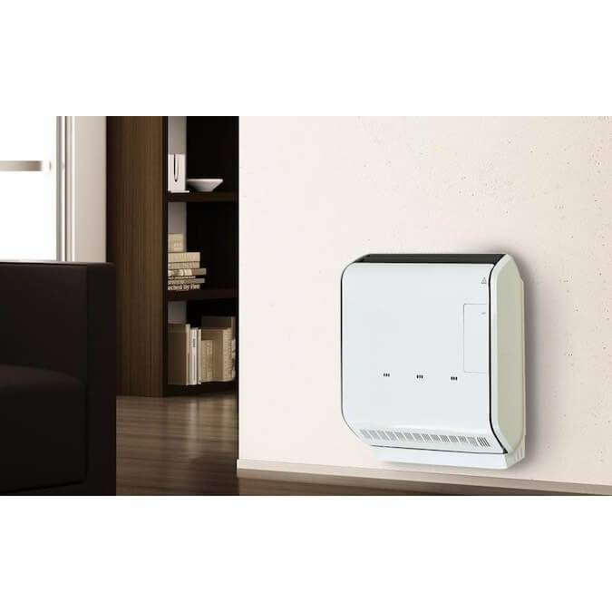 Drolet 13,750 BTU Direct Vent Heater DV45 mounted on a living room wall, showcasing its sleek design and energy-efficient features.