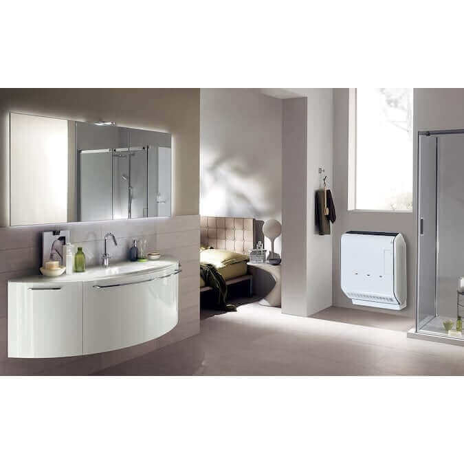 Drolet 13,750 BTU Direct Vent Heater DV45 in modern bathroom, available at Cabin Depot with free shipping, no power required.