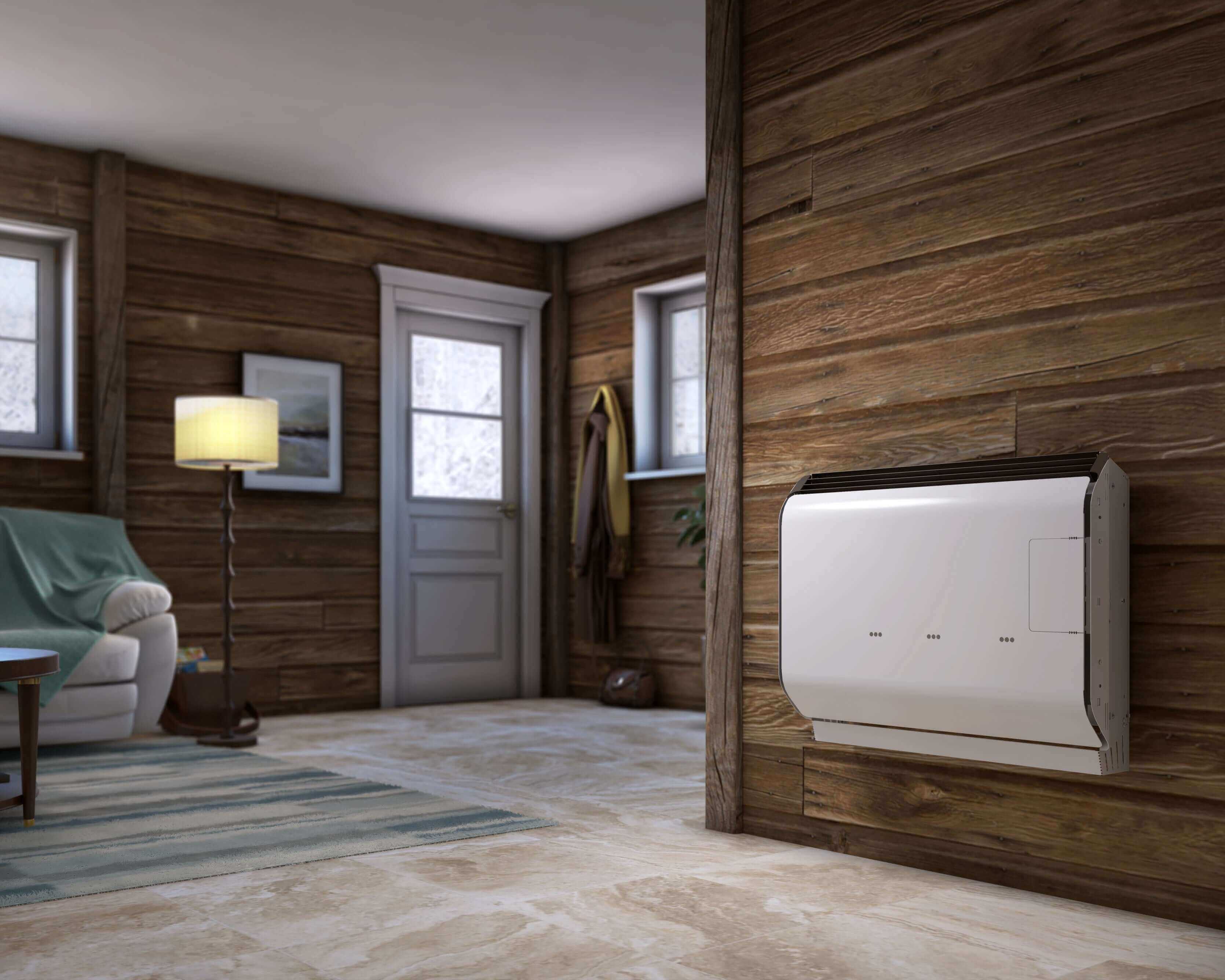 Drolet 13,750 BTU Direct Vent Heater DV45 by Cabin Depot in rustic room, preconfigured for Propane and includes Natural Gas conversion kit.