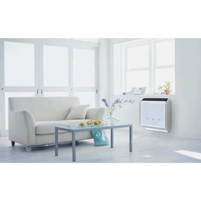 Drolet 13,750 BTU Direct Vent Heater DV45 in modern living room, available at The Cabin Depot with free shipping and energy-efficient features.