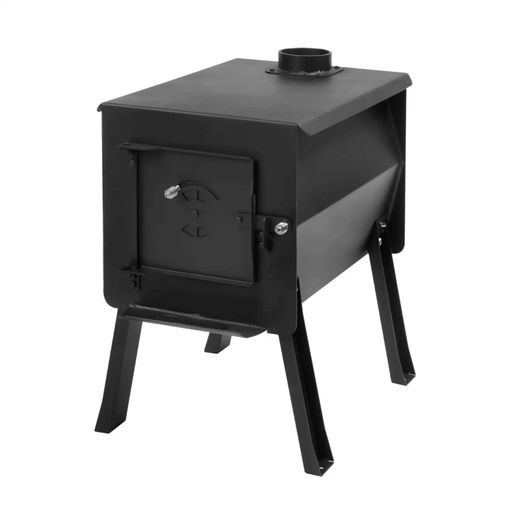 Englander Black Bear Camp Stove with welded steel construction, removable legs, and offset pipe outlet for camping and outdoor use.