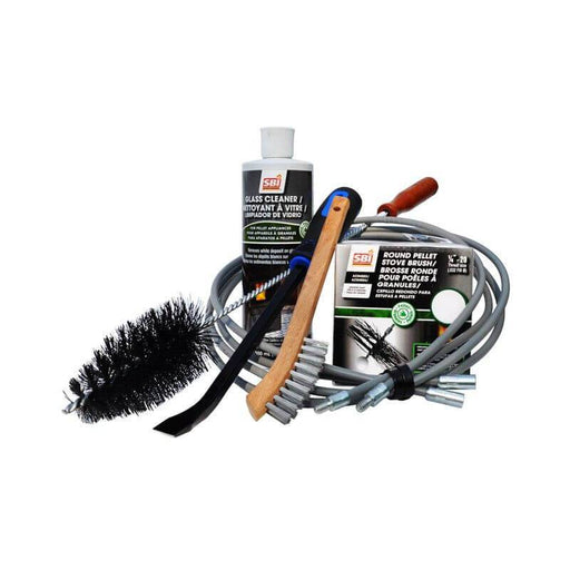 Pellet stove cleaning kit with brush, scraper, and cleaning accessories for efficient appliance maintenance.