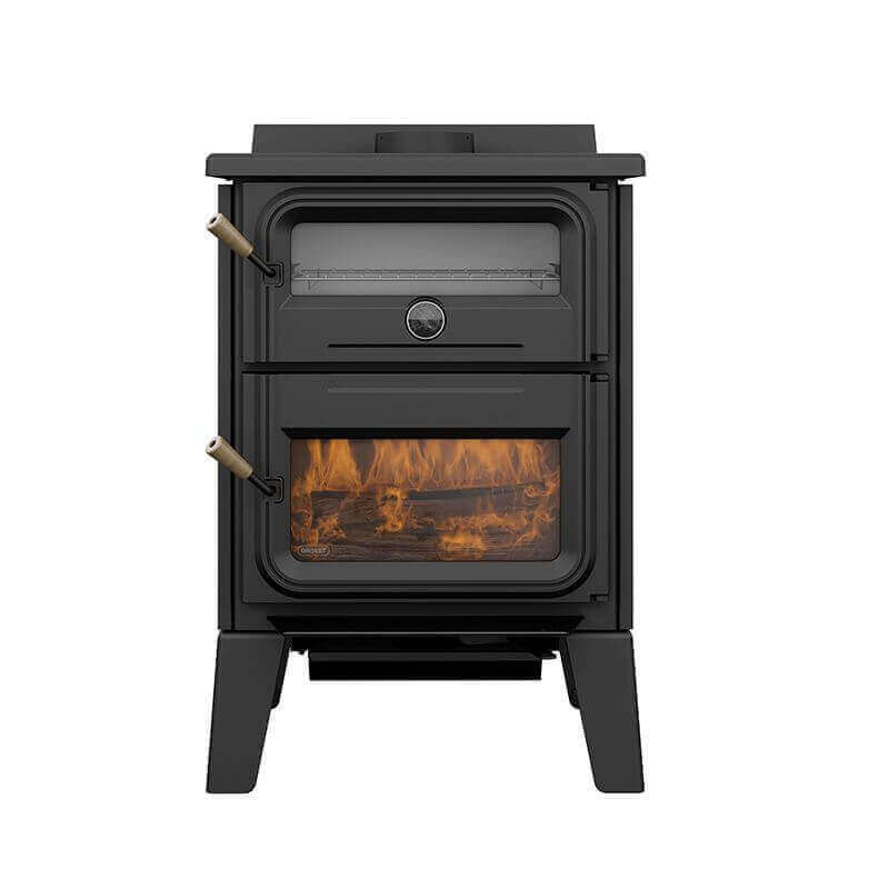 Drolet Bistro Wood Burning Cookstove from Cabin Depot, perfect for cottages, featuring stainless-steel oven and air damper. Free shipping.