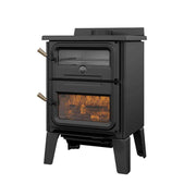 Drolet Bistro Wood Burning Cookstove from Cabin Depot with stainless-steel oven, perfect for cottage living.