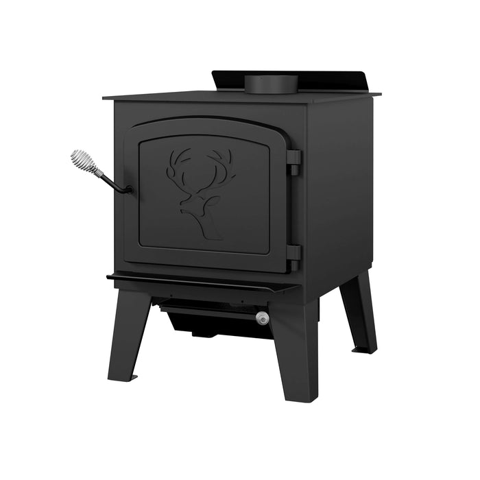 Drolet Black Stag II Wood Stove, eco-friendly heater for up to 2,300 sq ft, featuring a sleek design in black steel.