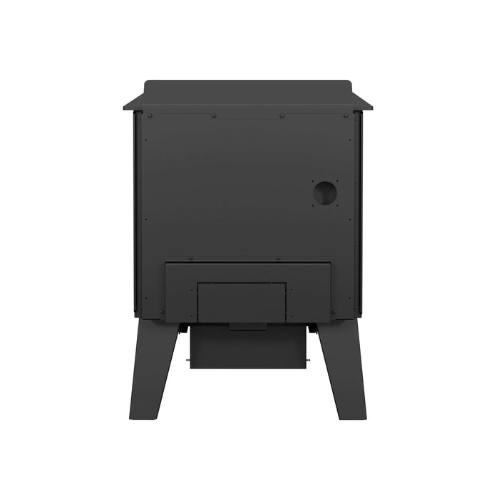 Rear view of Drolet Black Stag II Wood Stove, eco-friendly design for heating spaces up to 2,300 ft² with 90,000 BTU/h power.