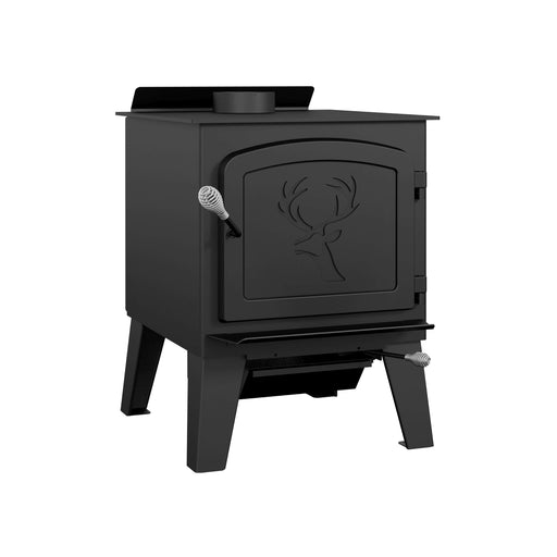 Drolet Black Stag II Wood Stove, eco-friendly heating for up to 2,300 ft², featuring sleek black design with a deer motif.