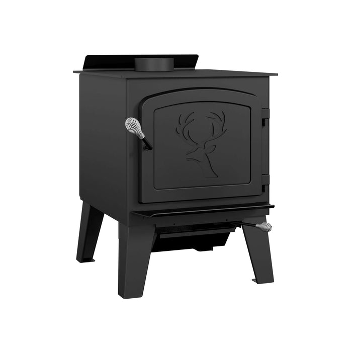 Drolet Black Stag II Wood Stove, eco-friendly heating for up to 2,300 ft², featuring sleek black design with a deer motif.