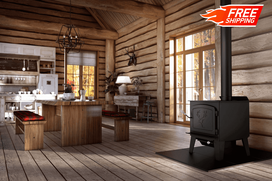 Drolet Black Stag II Wood Stove in cozy log cabin interior with free shipping banner.