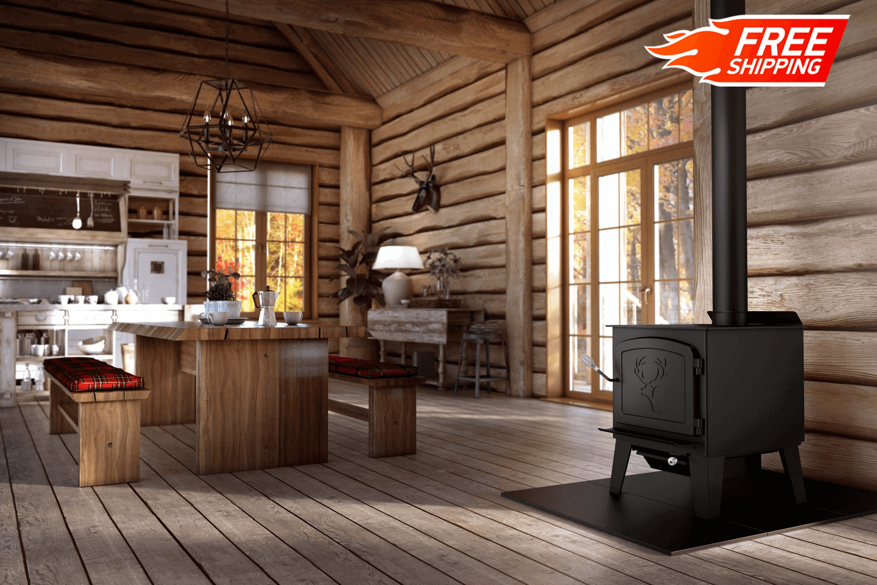Drolet Black Stag II Wood Stove in a cozy cabin setting, ideal for spaces up to 2,300 ft². Free shipping at Cabin Depot.