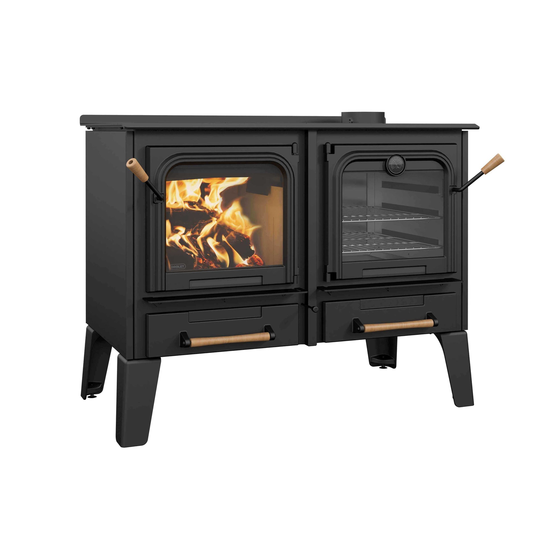 Alt Tag: Drolet Chic-Choc Cook Stove available at Cabin Depot. Ideal for traditional heating and cooking with stainless steel oven and stovetop.