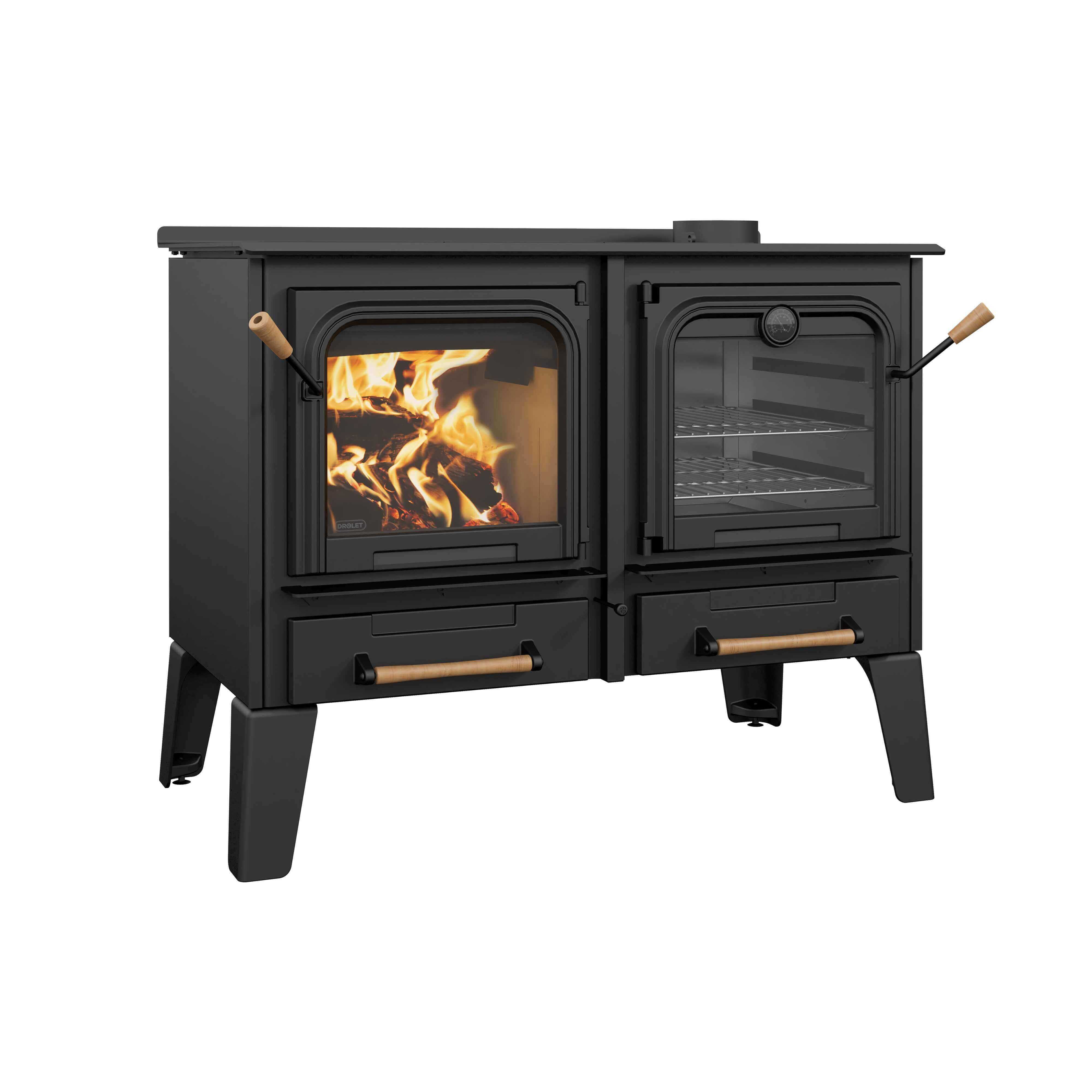 Alt Tag: Drolet Chic-Choc Cook Stove available at Cabin Depot. Ideal for traditional heating and cooking with stainless steel oven and stovetop.