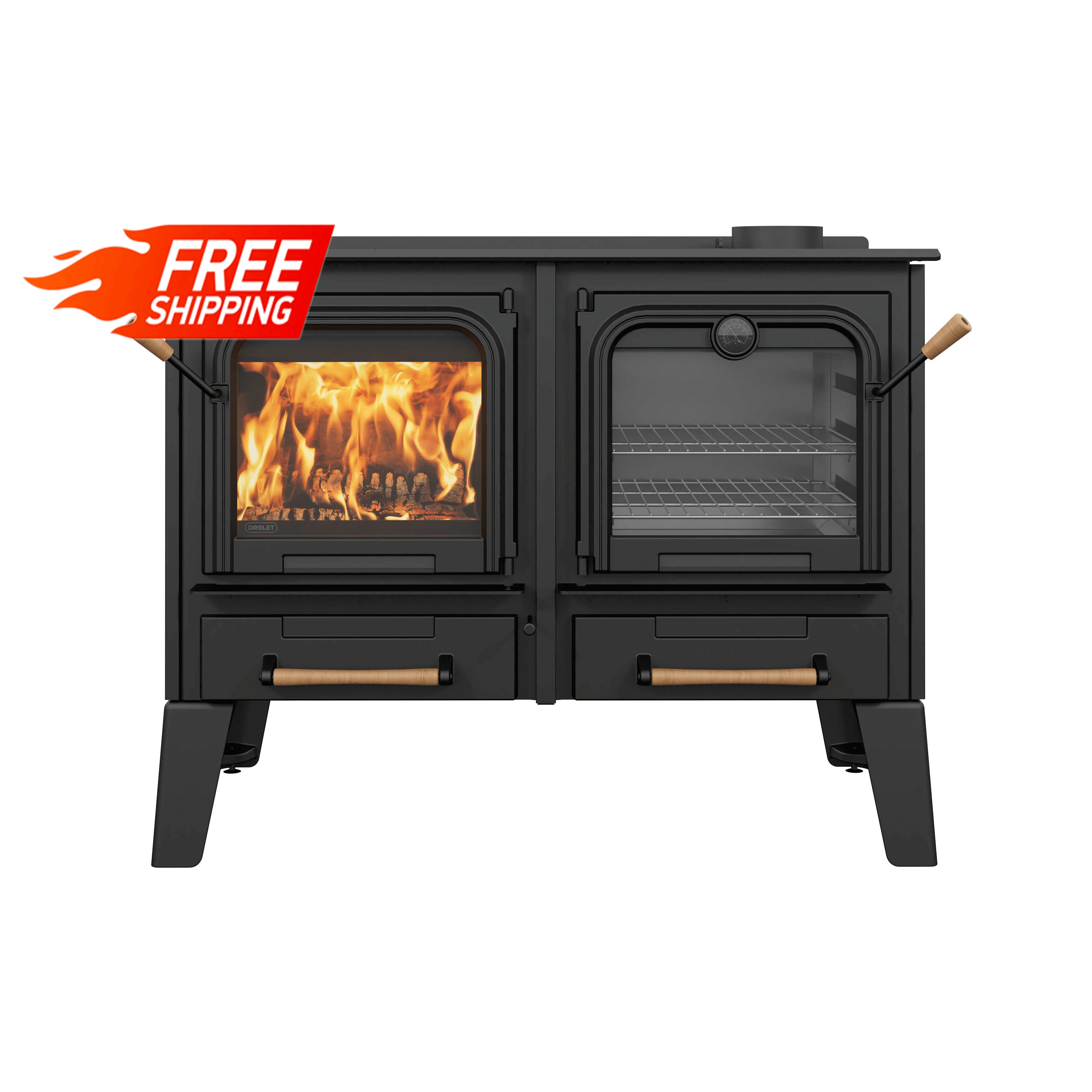 Drolet Chic-Choc Cook Stove with Free Shipping - Wood-burning stove with oven by Cabin Depot for family gatherings