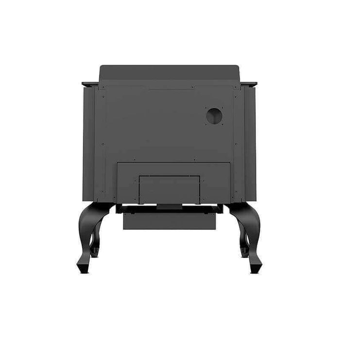 Back view of Drolet Columbia II wood stove, ideal for heating spaces up to 1,800 ft² with 65,000 BTU/h output and EPA certified.