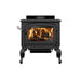 Drolet Columbia II Wood Stove with fire, heats up to 1,800 sq ft, EPA certified, eco-friendly, black design, 65,000 BTU/h output.