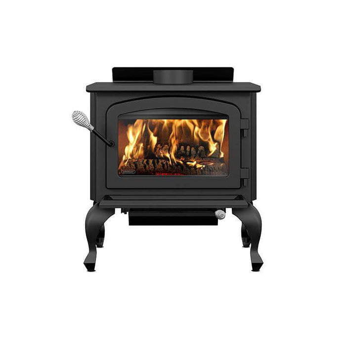 Drolet Columbia II Wood Stove with fire, heats up to 1,800 sq ft, EPA certified, eco-friendly, black design, 65,000 BTU/h output.