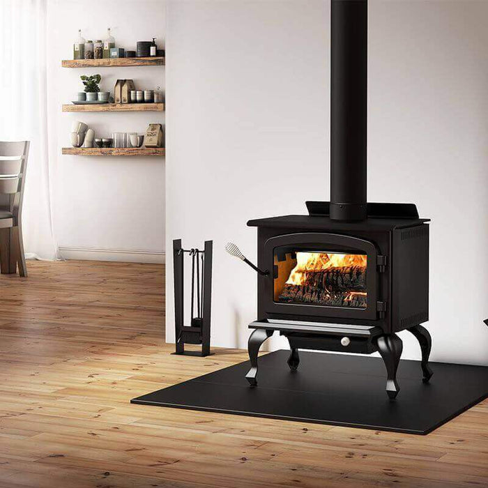 Drolet Columbia II Wood Stove in a cozy living room, eco-friendly heating for spaces up to 1,800 ft², 65,000 BTU/h output.