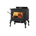 Drolet Columbia II Wood Stove with visible flames, ideal for heating spaces up to 1,800 ft², eco-friendly and EPA certified.