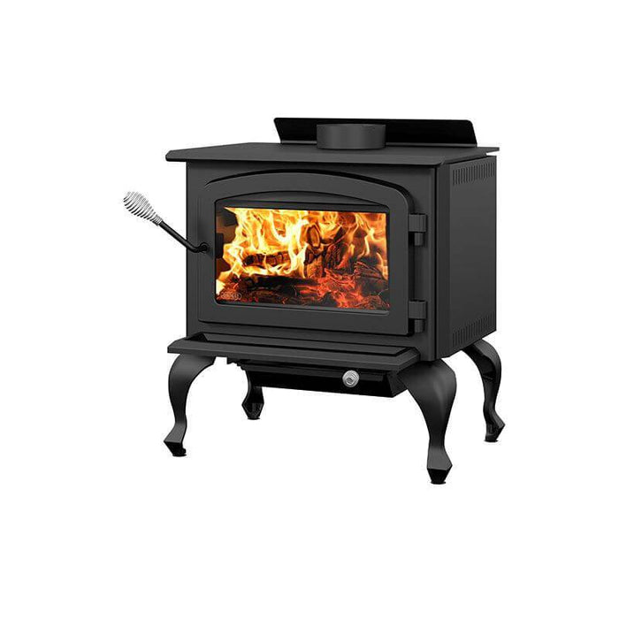 Drolet Columbia II Wood Stove with visible flames, ideal for heating spaces up to 1,800 ft², eco-friendly and EPA certified.