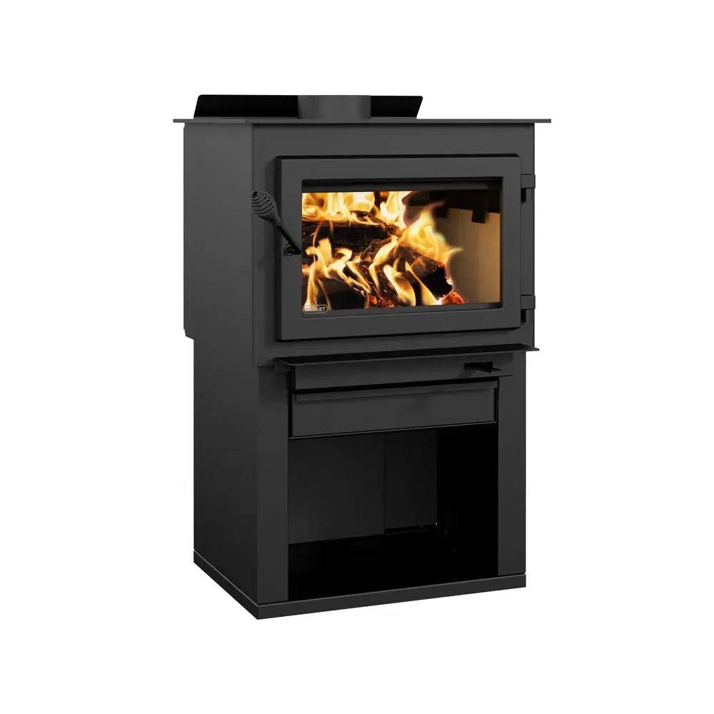 Drolet Deco Alto Wood Furnace with flames, ideal for cabins, 75,000 BTU/h, available at Cabin Depot with free shipping.