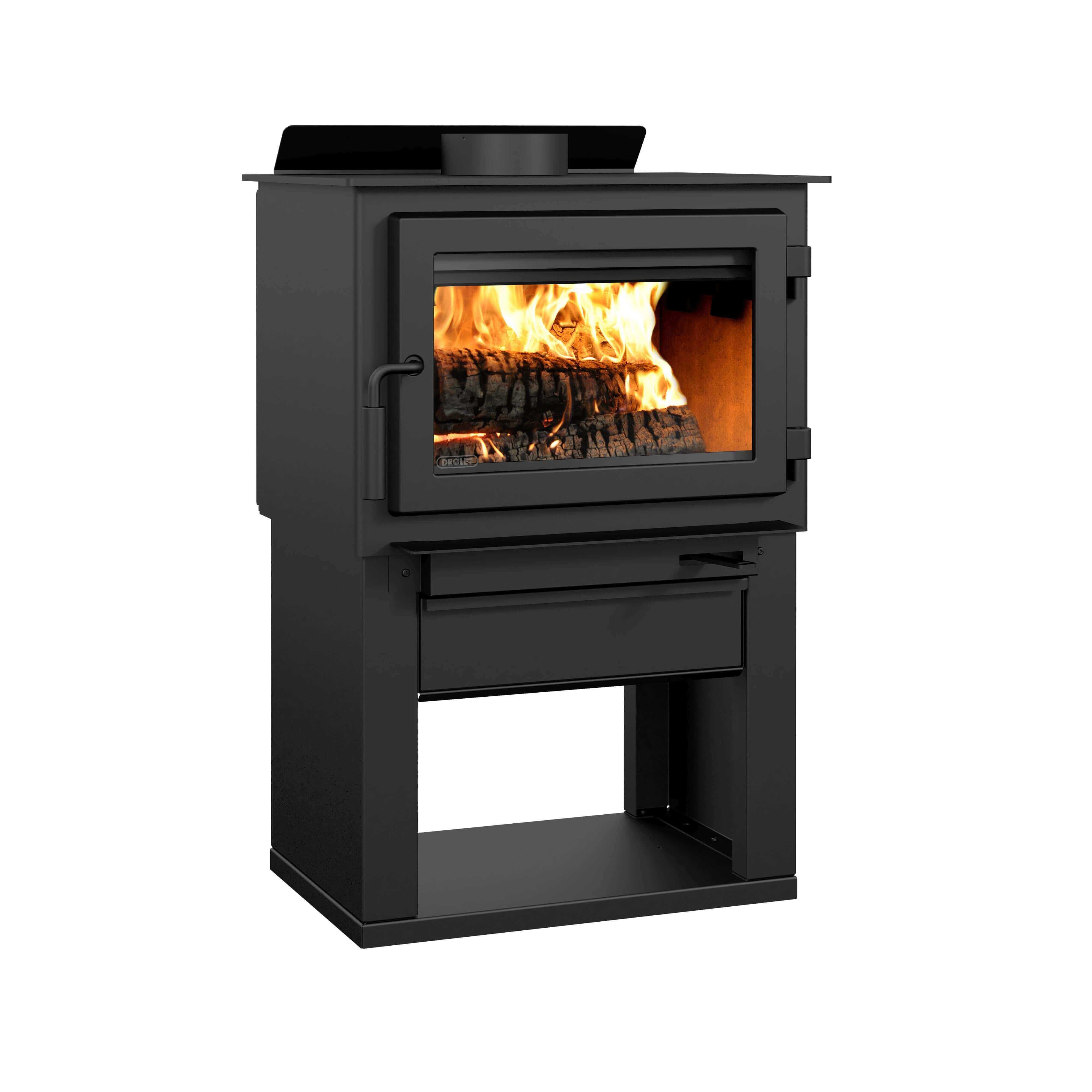 Drolet Deco II Wood Stove with modern design, available at Cabin Depot. Heats 1,800 ft² with 65,000 BTU, EPA 2020 certified, free shipping.