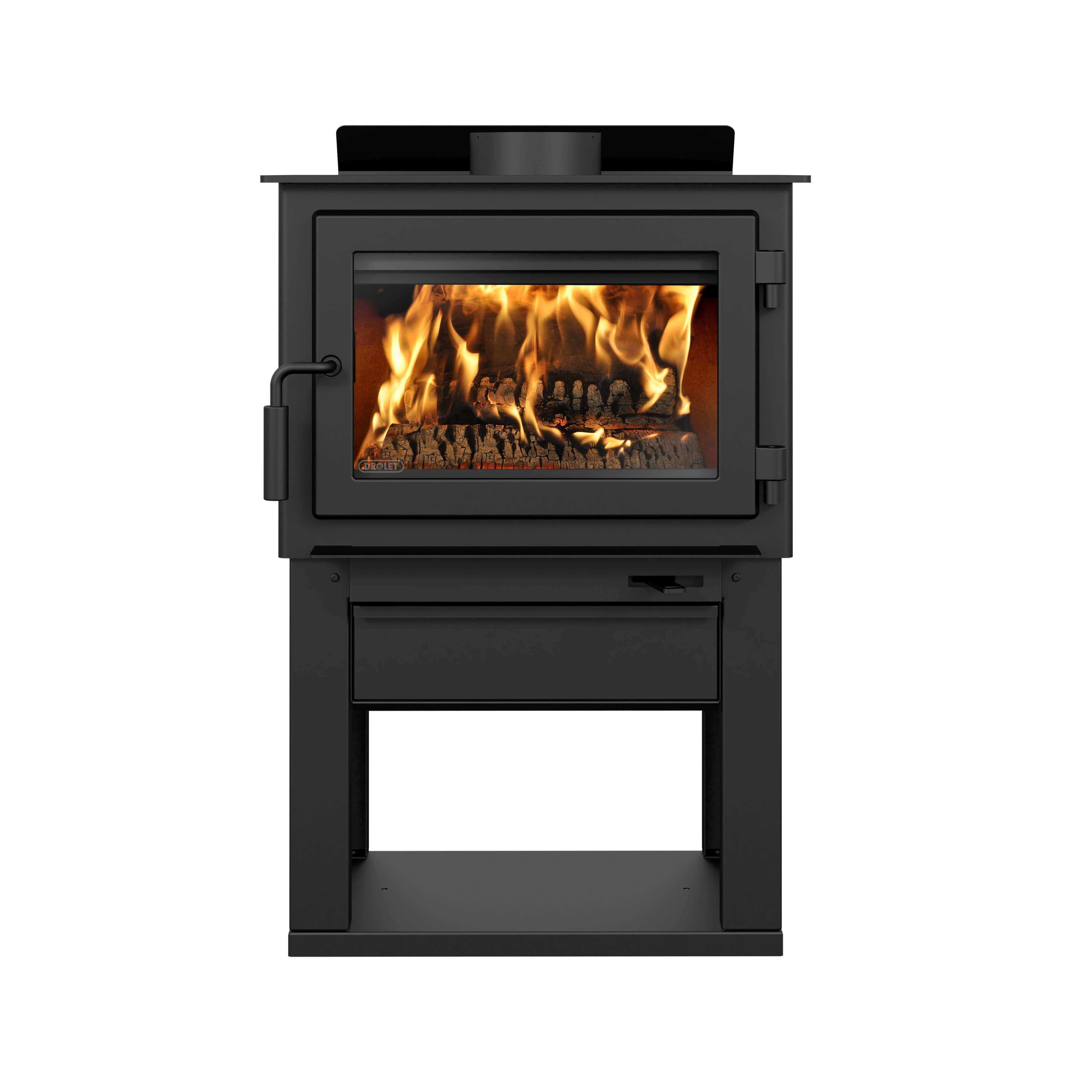 Drolet Deco II Wood Stove, modern design with storage space, heats up to 1,800 ft², available at Cabin Depot, EPA certified, free shipping.