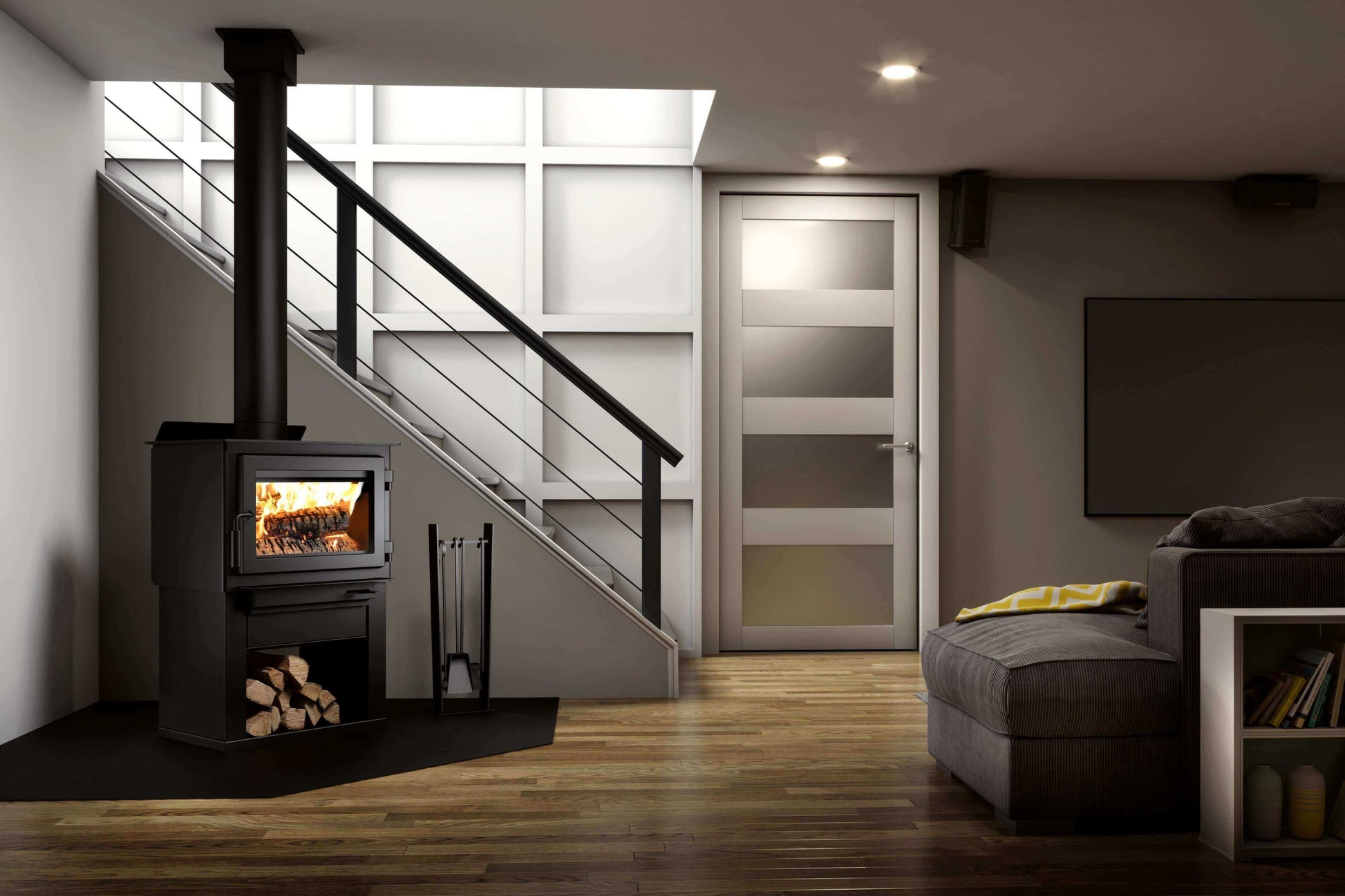 Drolet Deco II Wood Stove in modern living room interior, ideal for heating cabins up to 1,800 sq ft. Available at Cabin Depot.