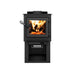 Modern Drolet Deco Nano wood stove with burning fire, featuring storage space and EPA certification for efficient heating.