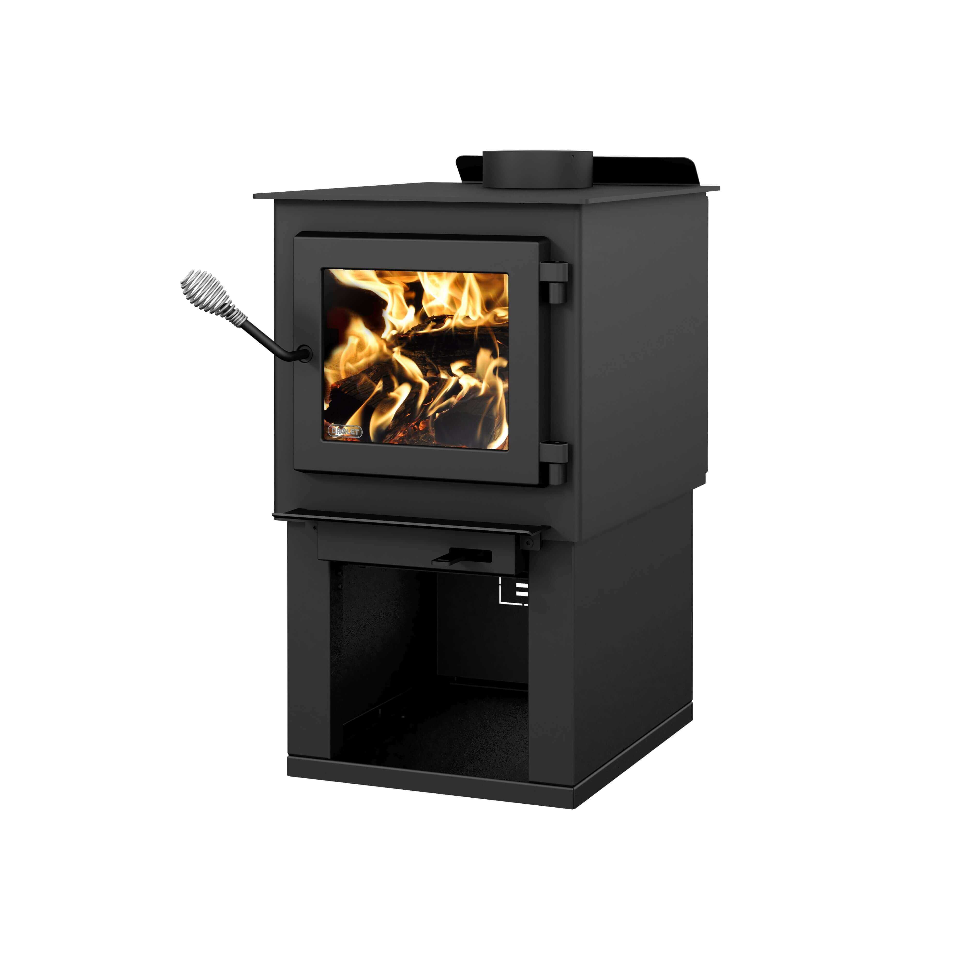 Drolet Deco Nano Wood Stove from Cabin Depot, modern design, EPA certified, heats 1,200 ft², free shipping available.