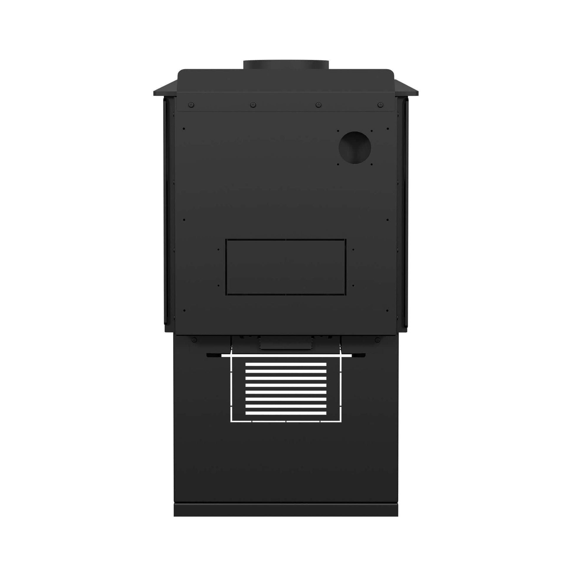 Drolet Deco Nano Wood Stove back view from Cabin Depot, EPA certified, heats 1,200 ft², modern design, free shipping.