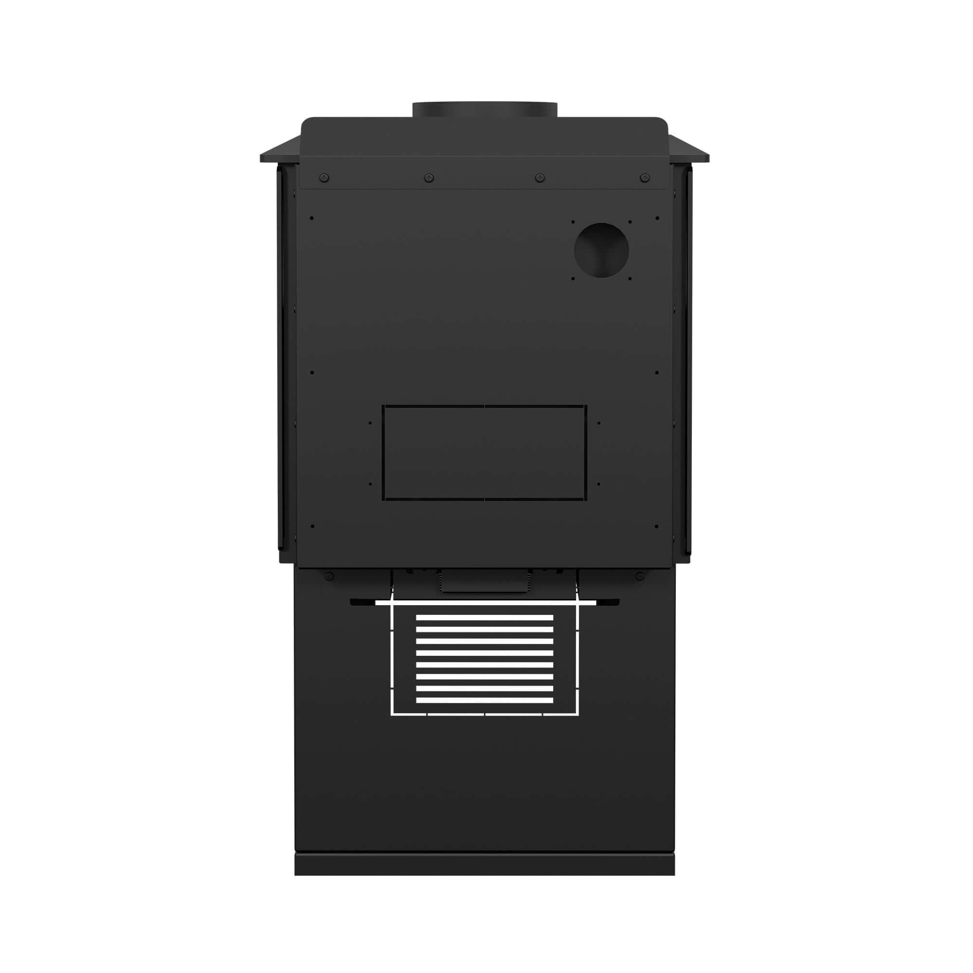 Drolet Deco Nano Wood Stove back view from Cabin Depot, EPA certified, heats 1,200 ft², modern design, free shipping.