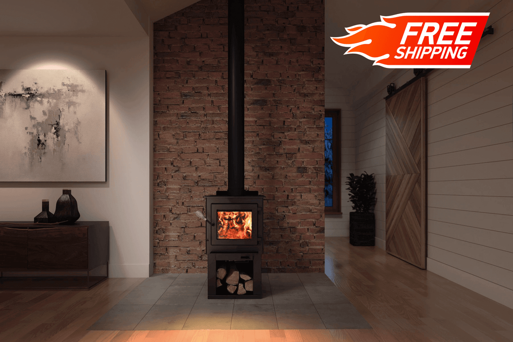 Drolet Deco Nano Wood Stove in modern room, featuring a brick wall and free shipping offer.