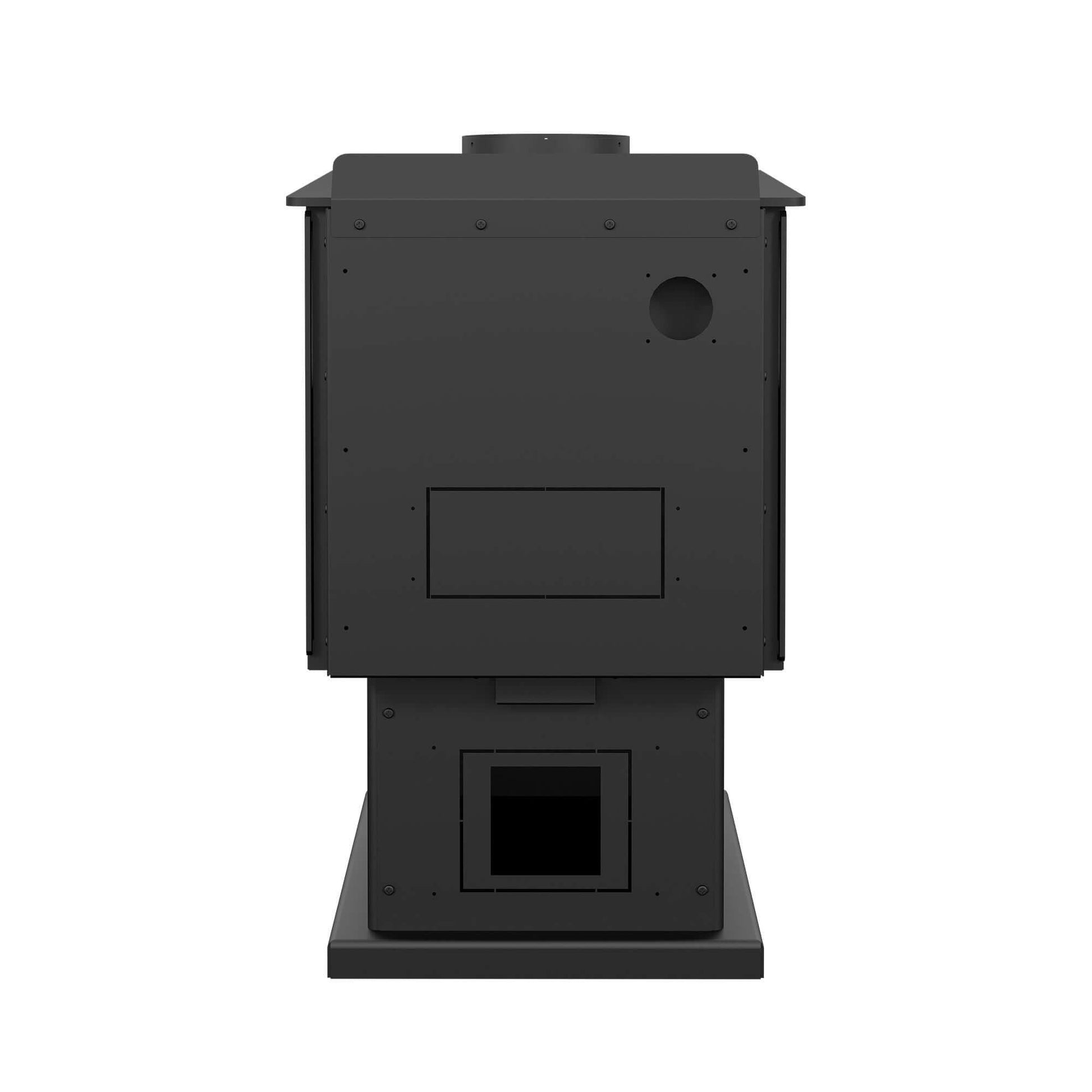 Drolet Escape 1200 Wood Stove backside view available at Cabin Depot, ideal for heating homes up to 1,200SF with 45,000 BTU output.