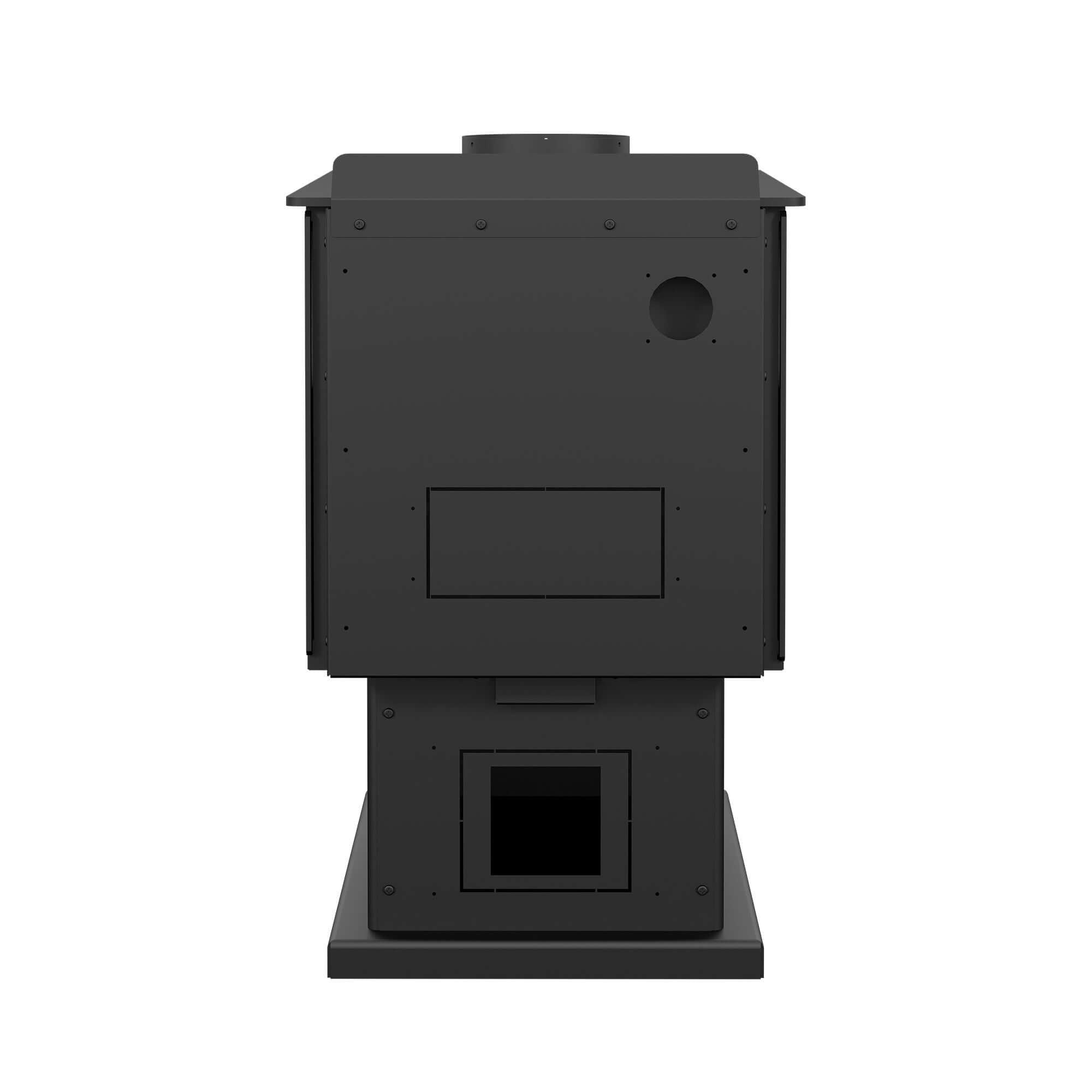 Drolet Escape 1200 Wood Stove backside view available at Cabin Depot, ideal for heating homes up to 1,200SF with 45,000 BTU output.