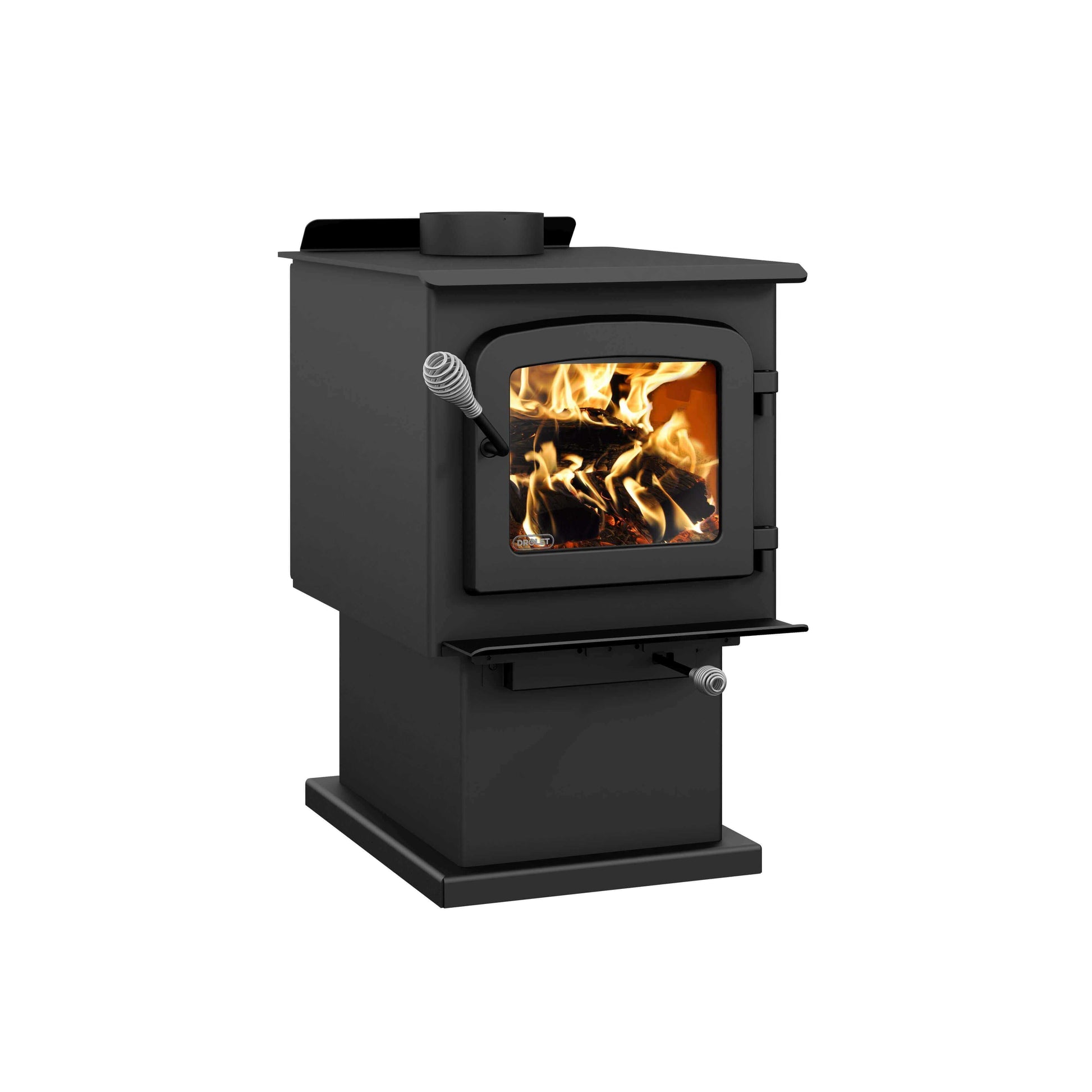 Alt Tag: Drolet Escape 1200 wood stove for cabins, 45,000 BTU/h, EPA certified, available at Cabin Depot. Compact heating for up to 1,200SF homes.