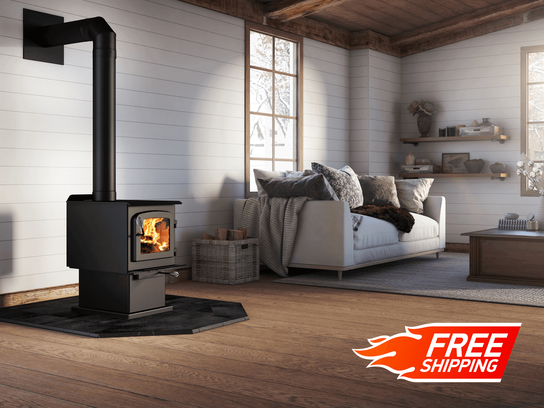 Drolet Escape 1200 Wood Stove in cozy room, free shipping from Cabin Depot. Ideal for heating 1,200SF homes, EPA certified, 45,000 BTU/h.