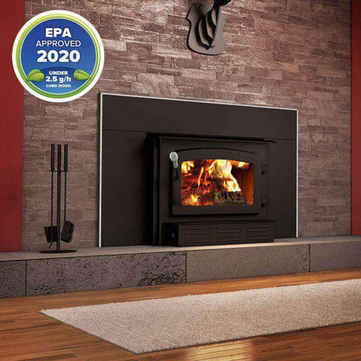 Drolet Escape 1500-I Wood Insert with Faceplate in modern living room, EPA approved, low emissions wood stove.