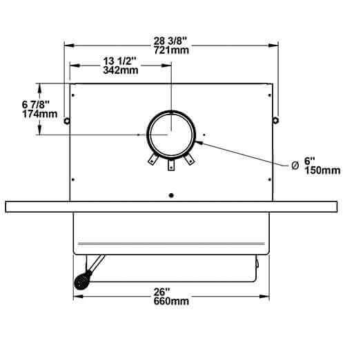 Technical diagram of Drolet Escape 1500-I Wood Insert with measurements for Cabin Depot customers.