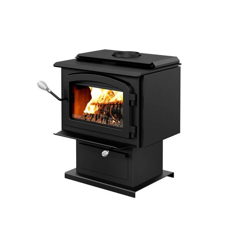Drolet Escape 1500 Wood Stove with side panels for efficient heating, sold by Cabin Depot. EPA approved, heats 1,800 ft². Free shipping available.