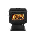 Drolet Escape 1500 Wood Stove with flames visible, eco-friendly heating solution, free shipping available