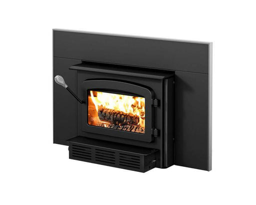 Drolet Escape 1800-I Wood Insert burning fire in black masonry fireplace, efficient heating up to 2,100 ft², free shipping available