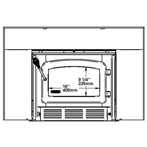 Line diagram of Drolet Escape 1800-I Wood Insert for Cabin Depot, showing front view dimensions.
