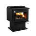 Drolet Escape 1800 Wood Stove with burning logs, heavy duty steel, EPA certified, suitable for mobile home installation