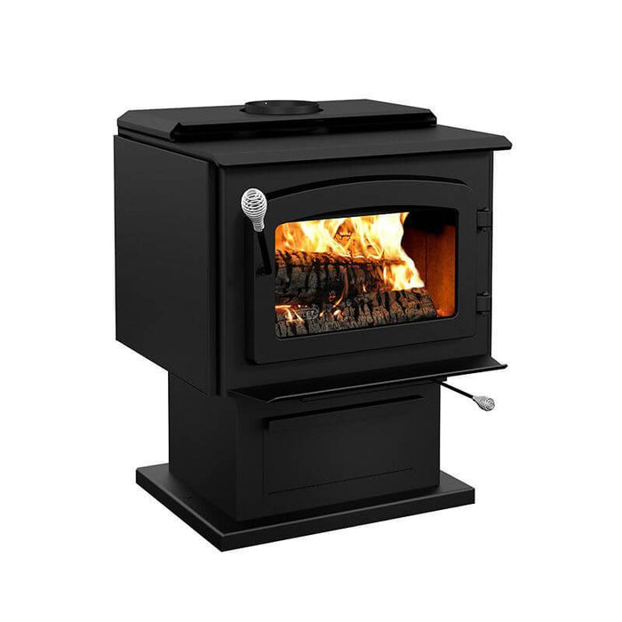 Drolet Escape 1800 Wood Stove with burning logs, heavy duty steel, EPA certified, suitable for mobile home installation