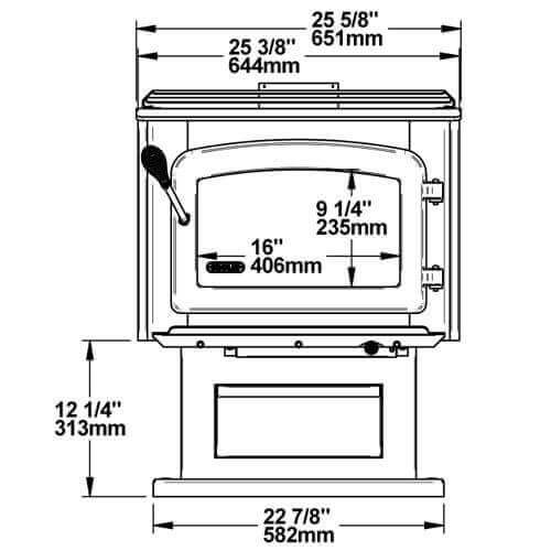 Technical drawing of Drolet Escape 1800 Wood Stove with dimensions in both inches and millimeters shown.