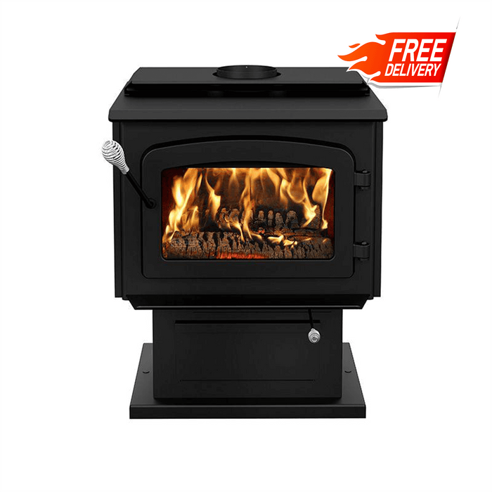 Drolet Escape 1800 Wood Stove with fire, free shipping, 8-hour burn time, EPA certified, mobile home compatible, made in Canada